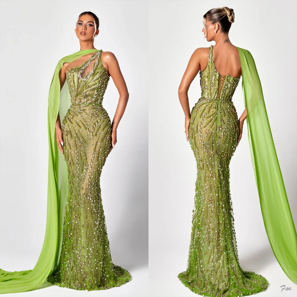 

Elegant Beaded Crystal Olive Green Formal Gown One-Shoulder Cape Sheer Mesh Mermaid Evening Dress Robes De Soirée Customized