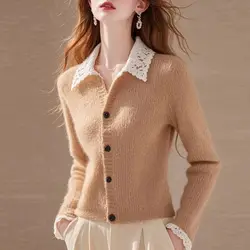 Khaki Lapel Lace Knitted Cardigan Women Autumn and Winter New High-end Foreign Style Soft Waxy Sweater Long-sleeved Top