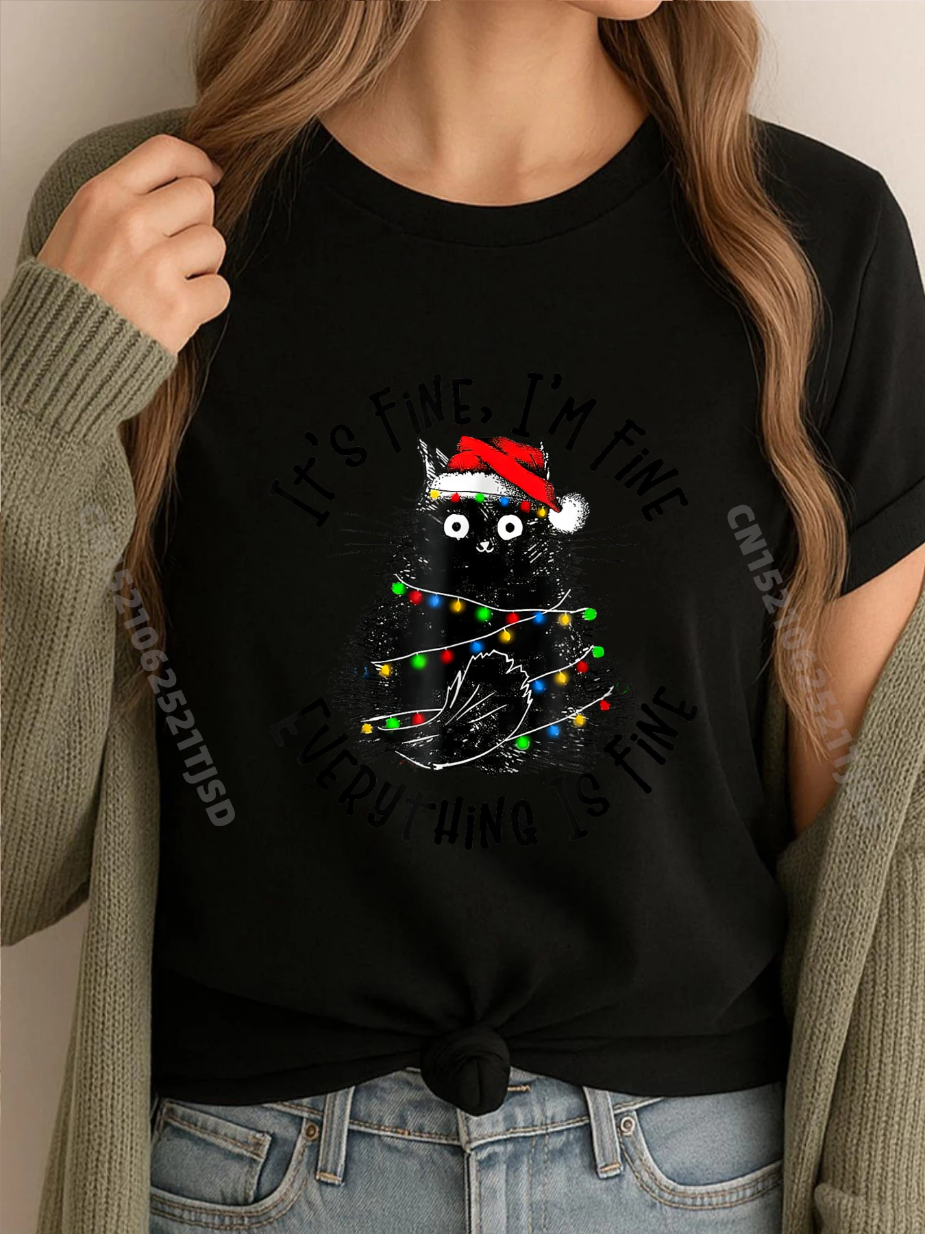 

Рождественская футболка Black Cat It Fine I M Fine Everything Is Fine Camisetas, Новый год 2025 года, женская футболка на День отца