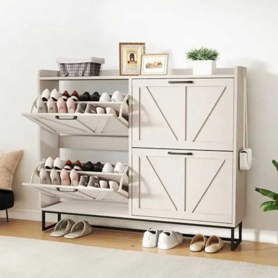 47.2 Shoe Storage Cabinet for Entryway and Hallway, Wood with Metal Legs, White, 4 Flip Drawers with Smooth Operation