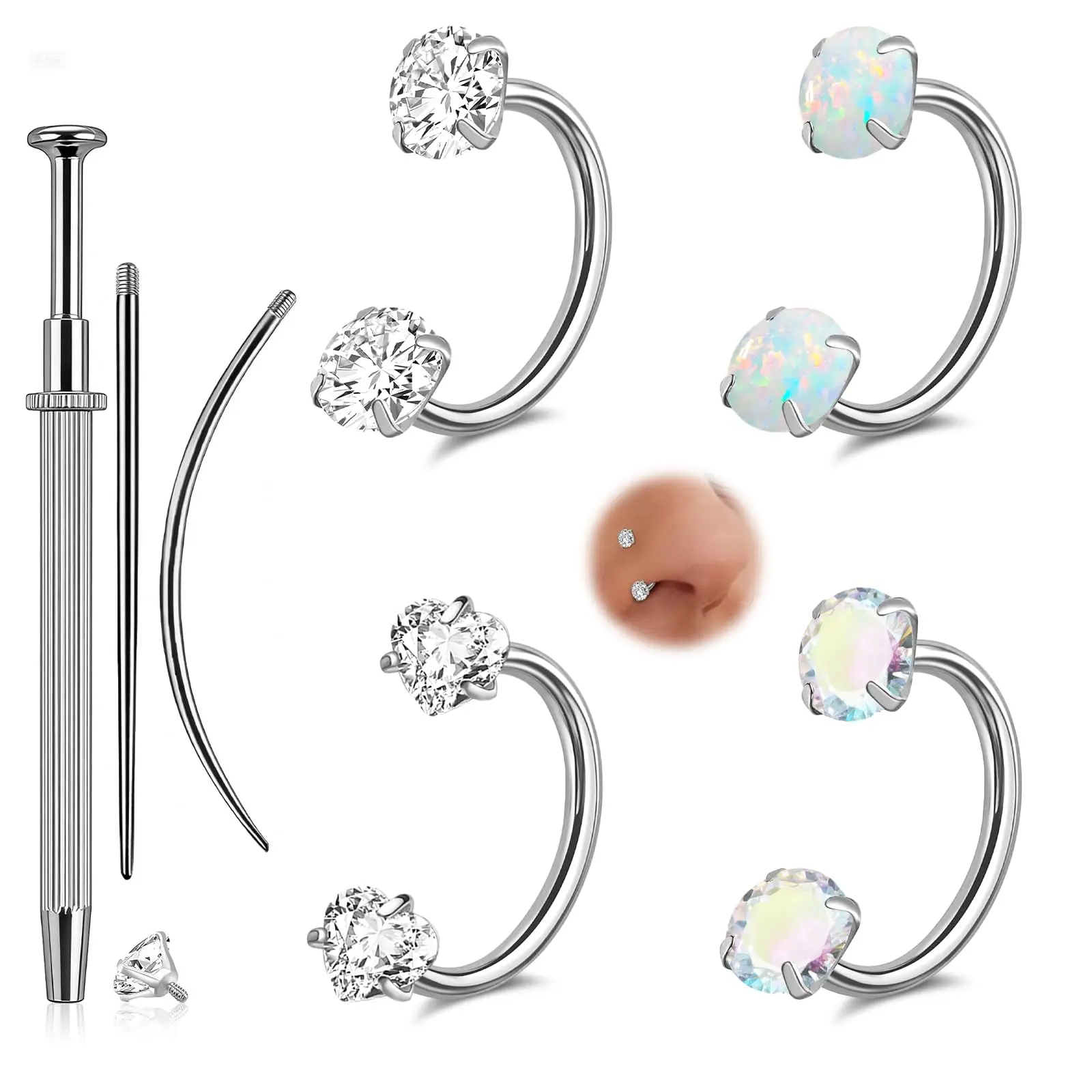 7Pcs 16G Surgical Steel Horseshoe Nose Ring Set CZ Opal Heart Circular Barbell With Install Tool Nose Piercing Jewelry