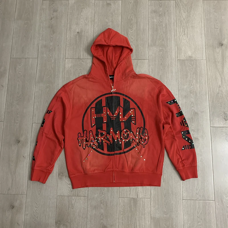 HARMONY Unisex Distressed Zip‑Up Hoodie Washed Finish Color Rhinestone Decoration Bold Letter Graphic Oversized Streetwear