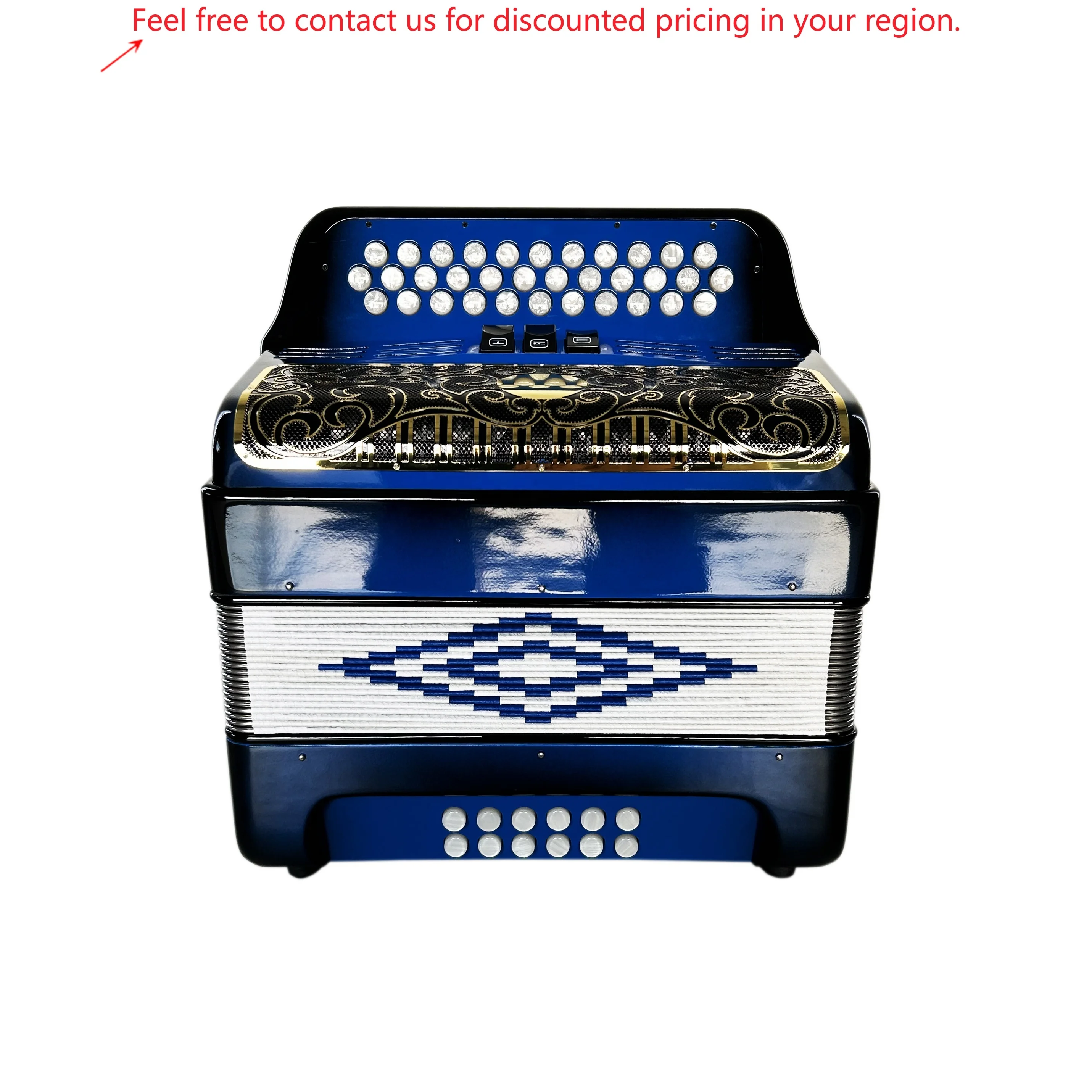 

SEASOUND OEM Diatonic Accordion 34-Button 12-Bass 3-Register JB3412C Blue Black Body White Buttons With Gold Grill Made Of Wood