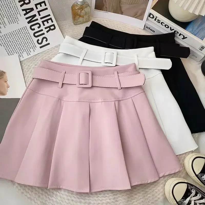 Kids Girls Pleated Skirts Pink Black White 2023 New Children Casual Skirts With Belt Korean Style Teenage Girls Dance Skirt