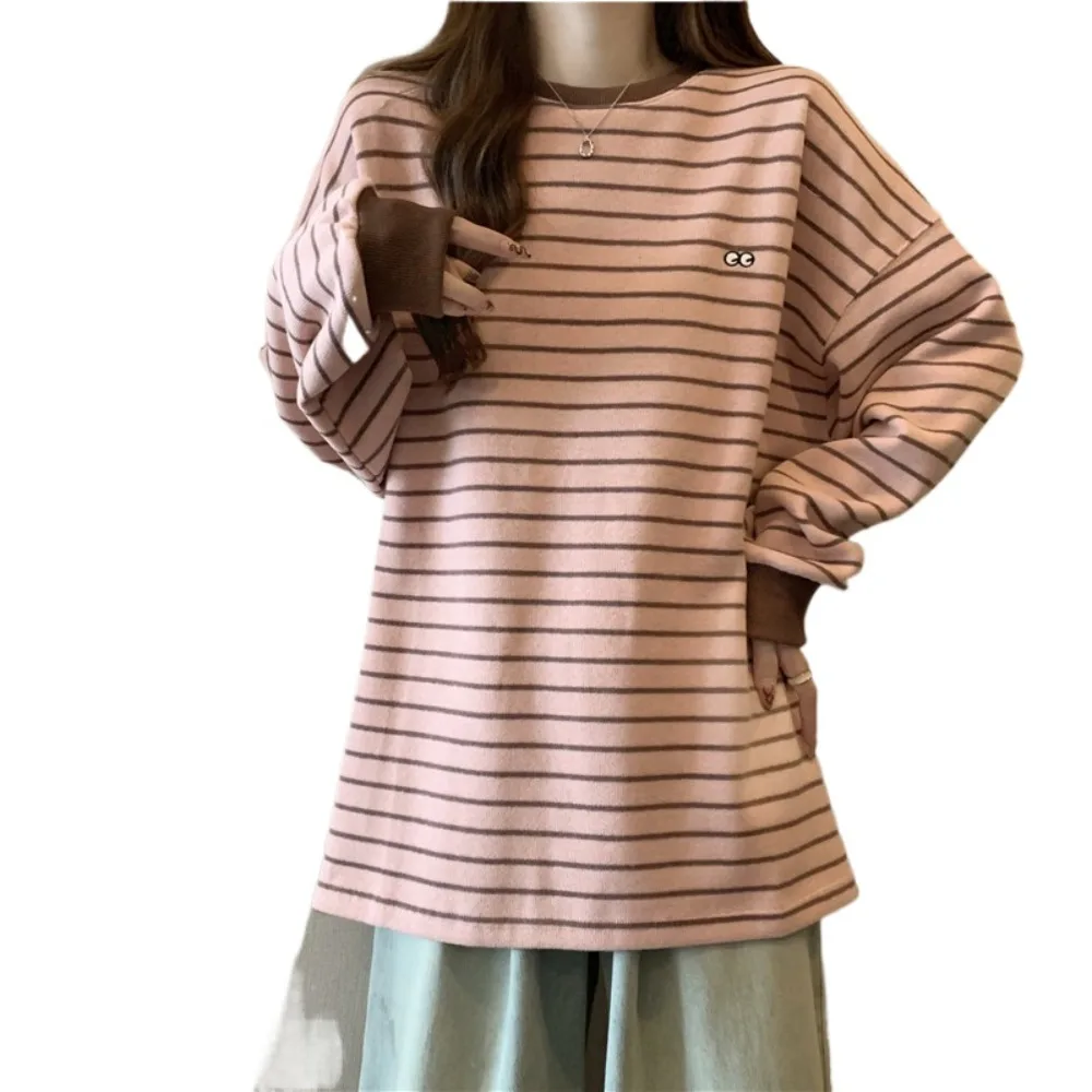 Fashion Women Students Striped Long Sleeve T‑Shirt Autumn Winter Mid‑Length Loose Thermal Inner Wear Trendy Casual Base Top