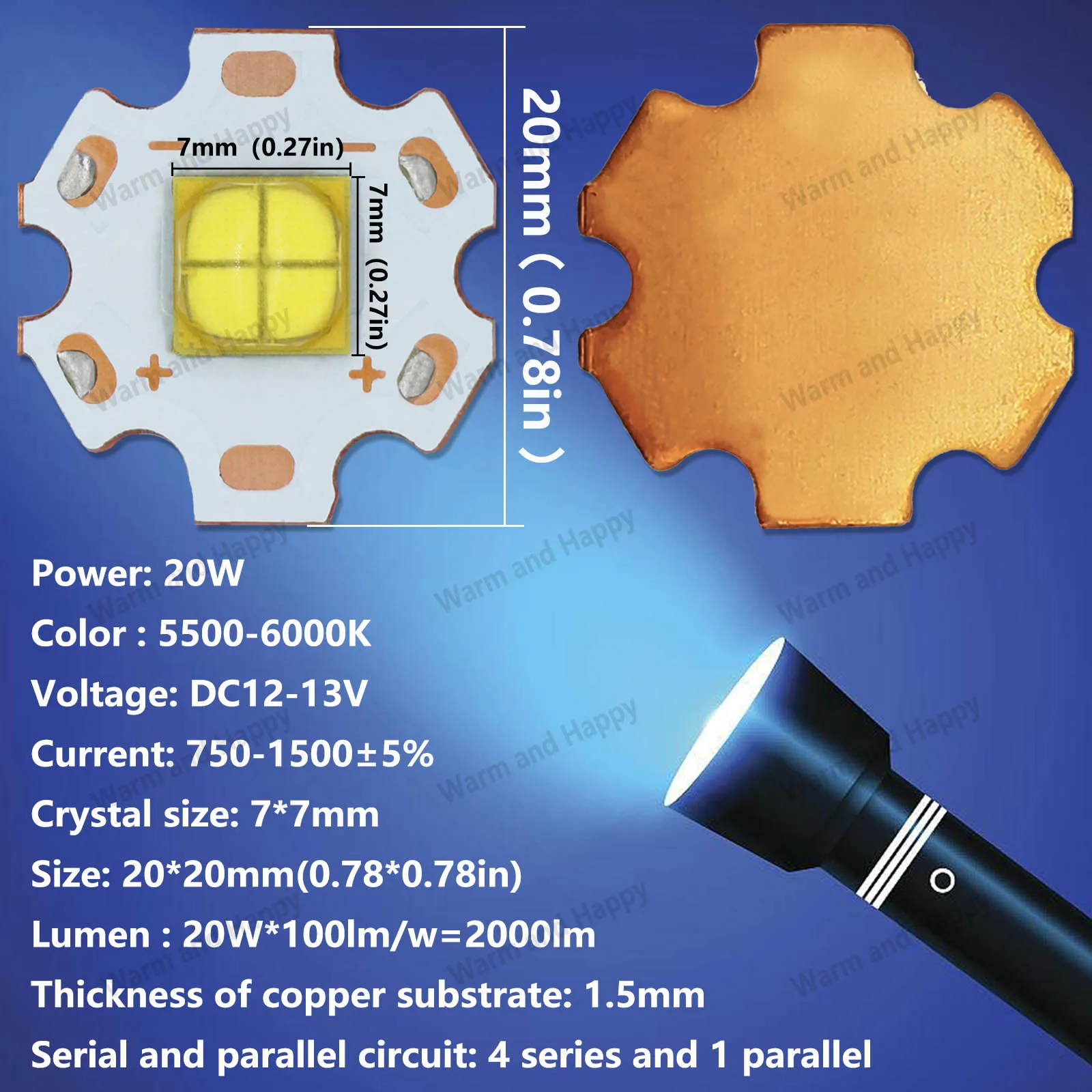 20W DC12-13V 1500mA XHP70 LED COB 20W CREE 5500-6000K do latarki LED Źródło światła samochodowego DIY z 20mm płytką miedzianą