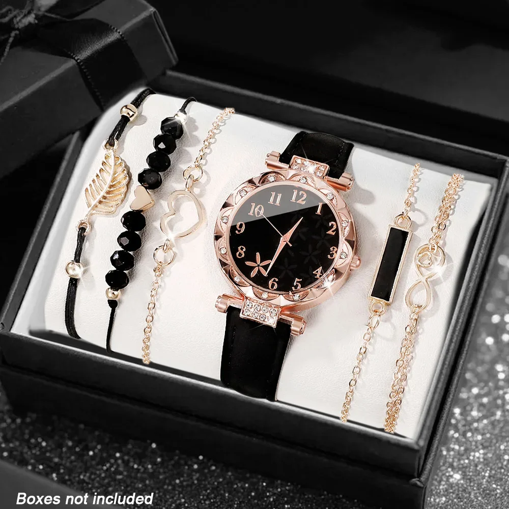 Ensemble de 5 montres-bracelets pour femmes, en or rose avec strass, cadran floral noir, montre-bracelet à quartz, bracelets en forme de feuille, de cœur et d'infinité, cadeau pour femmes