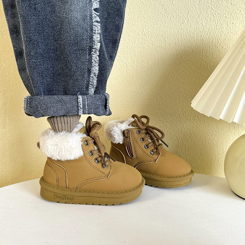 

Детские модные коричневые ботильоны на флисовой подкладке - кружевные боковые молнии, теплые зимние нескользящие удобные ботинки для девочек для малышей