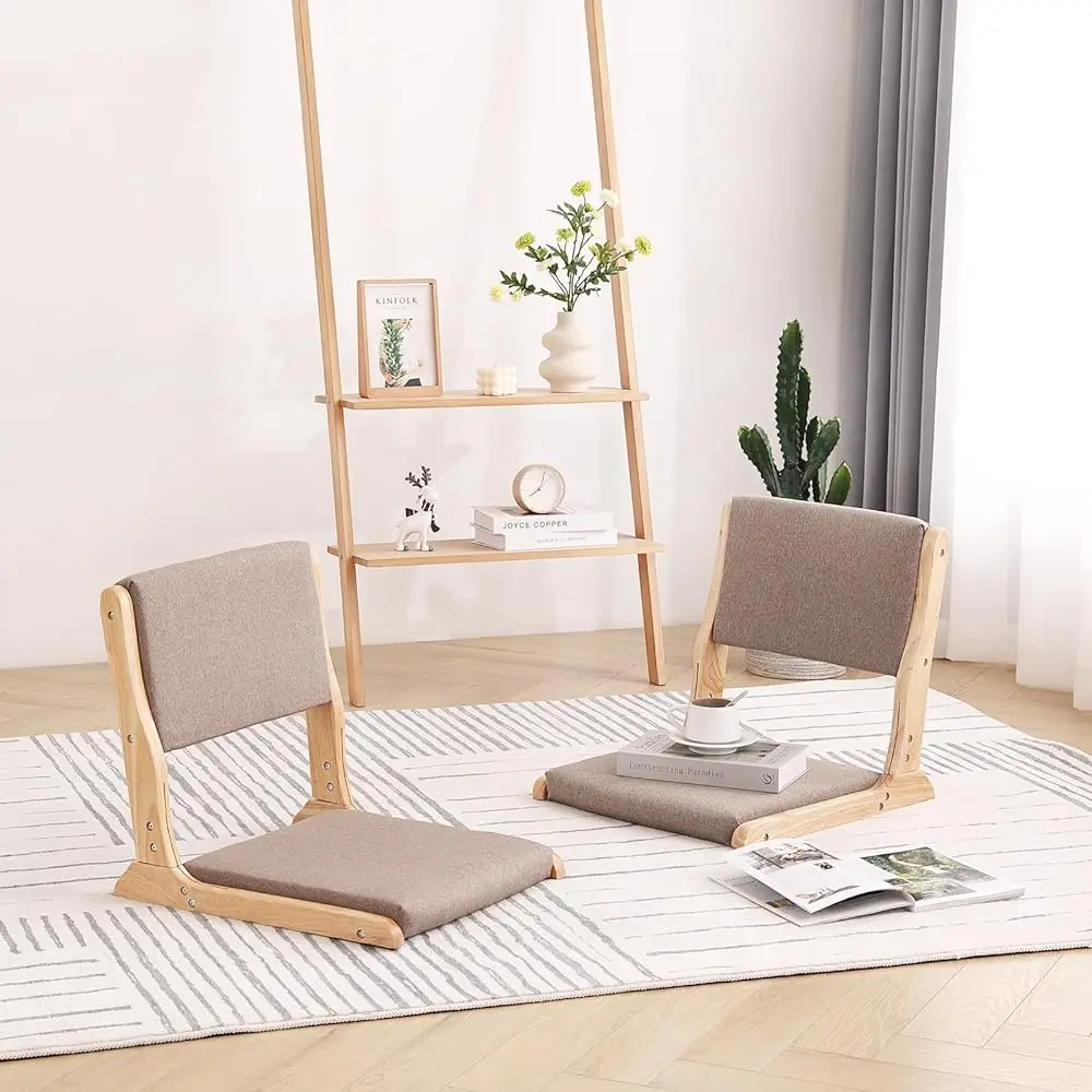 

2Pcs Floor Games Chair, Foldable Meditation Tatami Chairs, Backrest Chair with Cushion, Living Room Chair Seat, Wood Grey