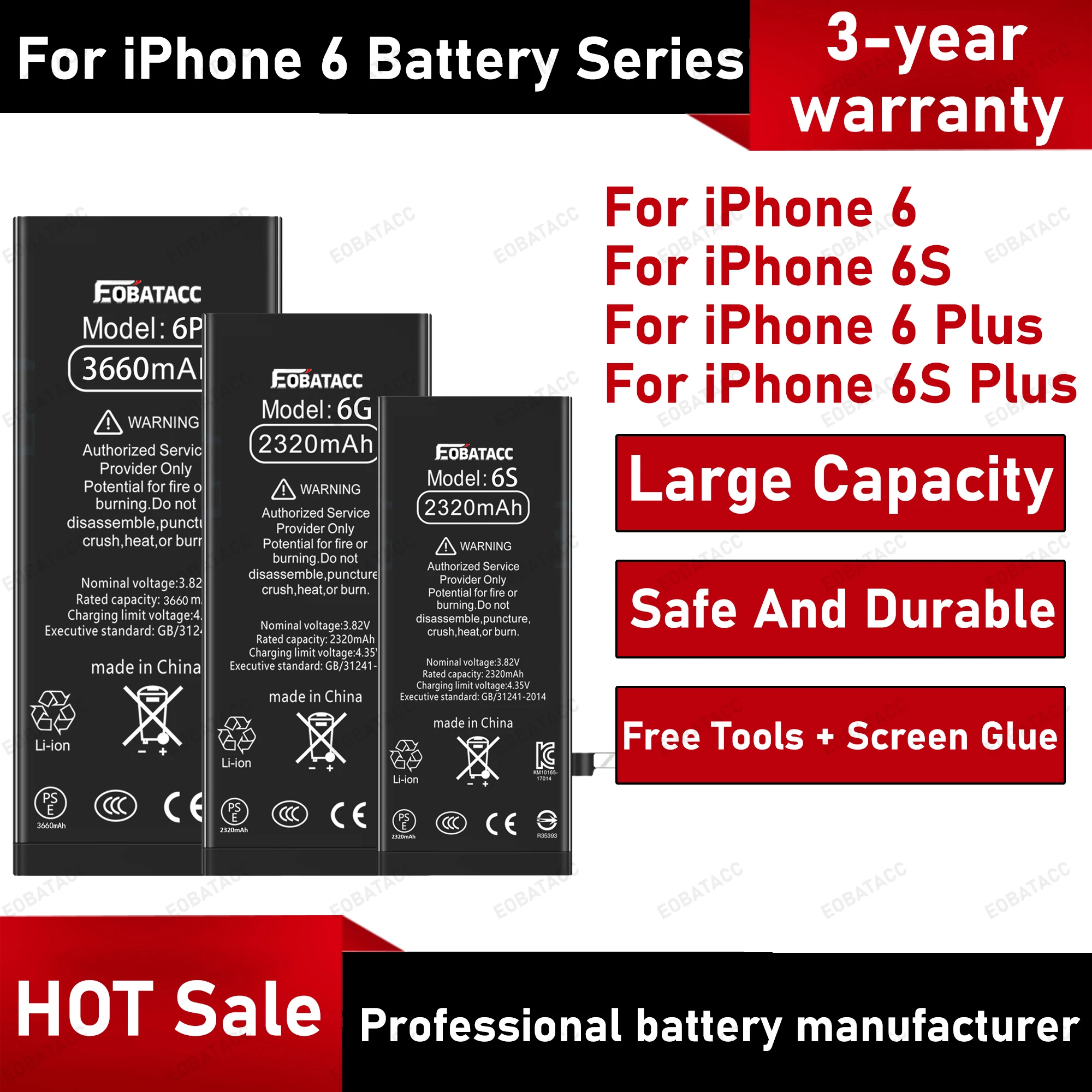 

2025 Years EOBATACC 100% New 6 Battery Series For IPhone 6/6S/6plus/6s plus Batteries+Free Tools