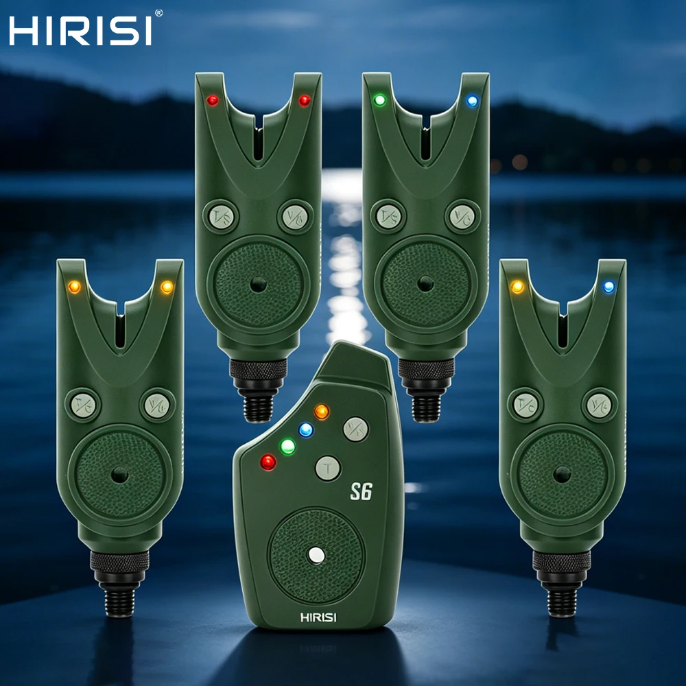 hirisi-s6-alarme-de-morsure-de-peche-a-la-carpe-sans-fil-ensemble-1-4-avec-recepteur-led-multicolore-volume-reglable-tonalite-et-sensibilite-ajustables-peche-de-nuit