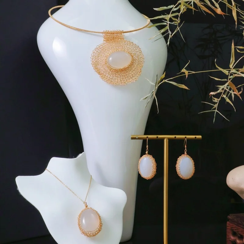 

SGARIT Brand Luxury Jewelry Sets White Chalcedony 14k Filled Gold Necklace Pendant Earrings Fashion Designer Jewelry Sets
