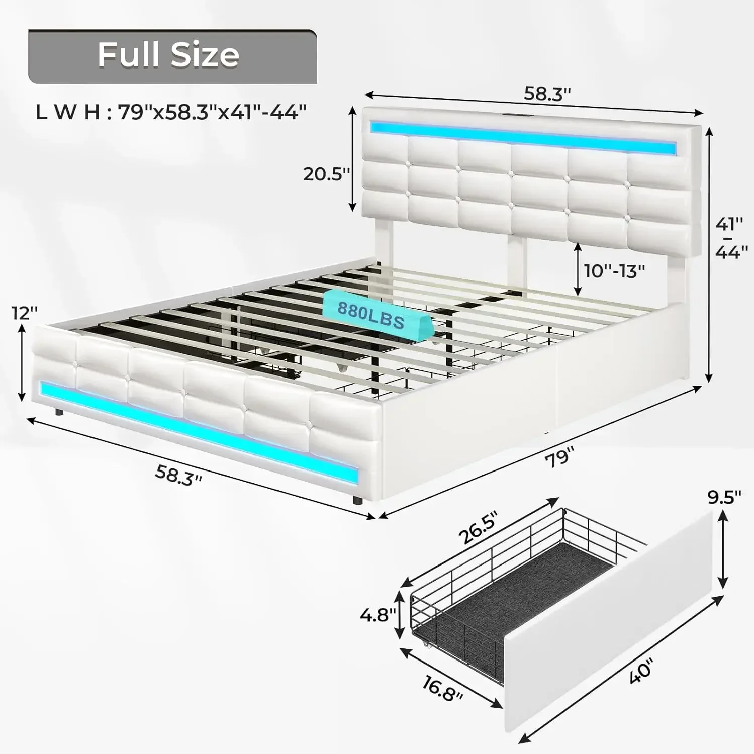 Lit à plateforme entièrement en cuir avec station de charge et lumières LED, design touffeté à boutons carrés cousus