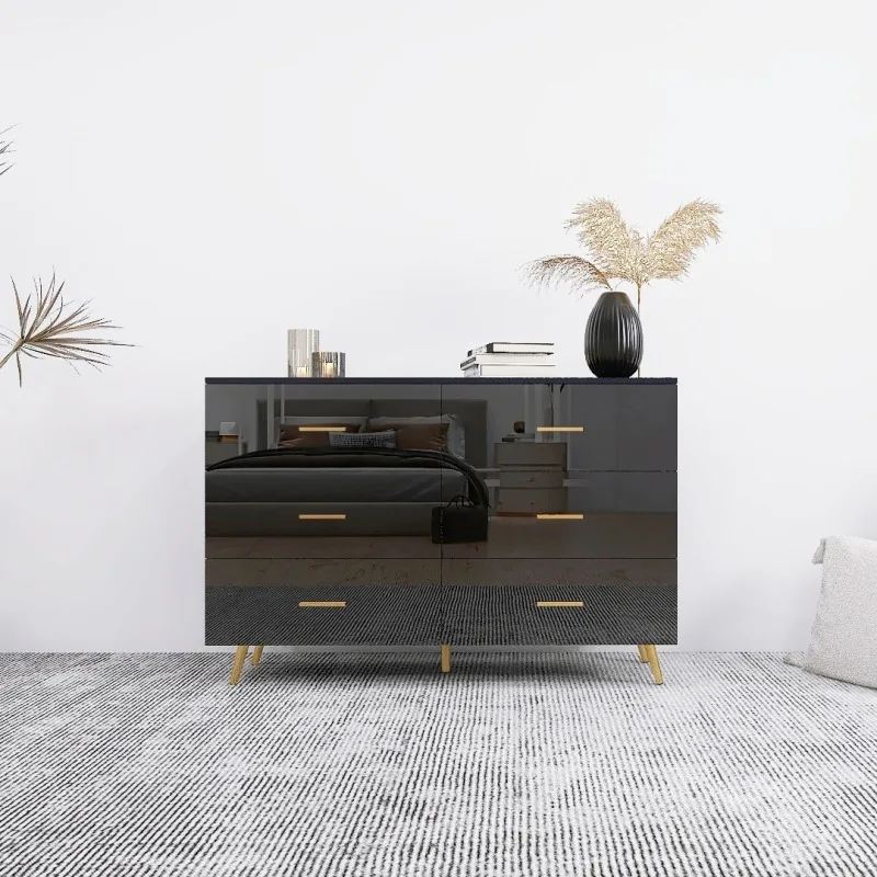 FENGSHUO High Glossy Surface 6 Drawers Chest Of Drawer With Golden Handle And Golden Steel Legs Black Color Vanity Modern