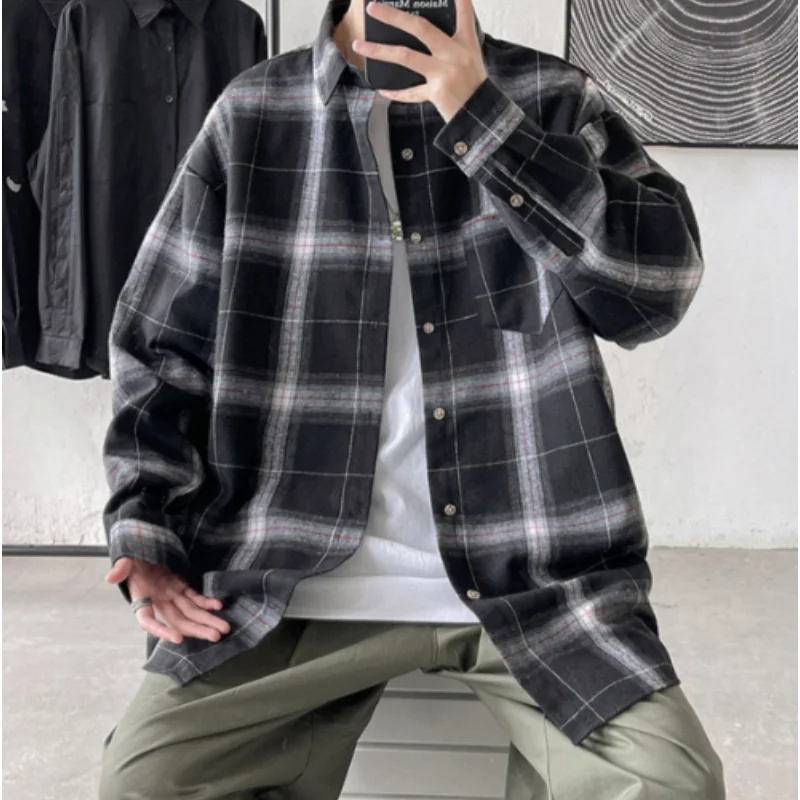 Korean Version Spring Autumn Men Plaid Shirt Ins High Street Long Sleeve Casual Loose Coat Men Clothing D0104