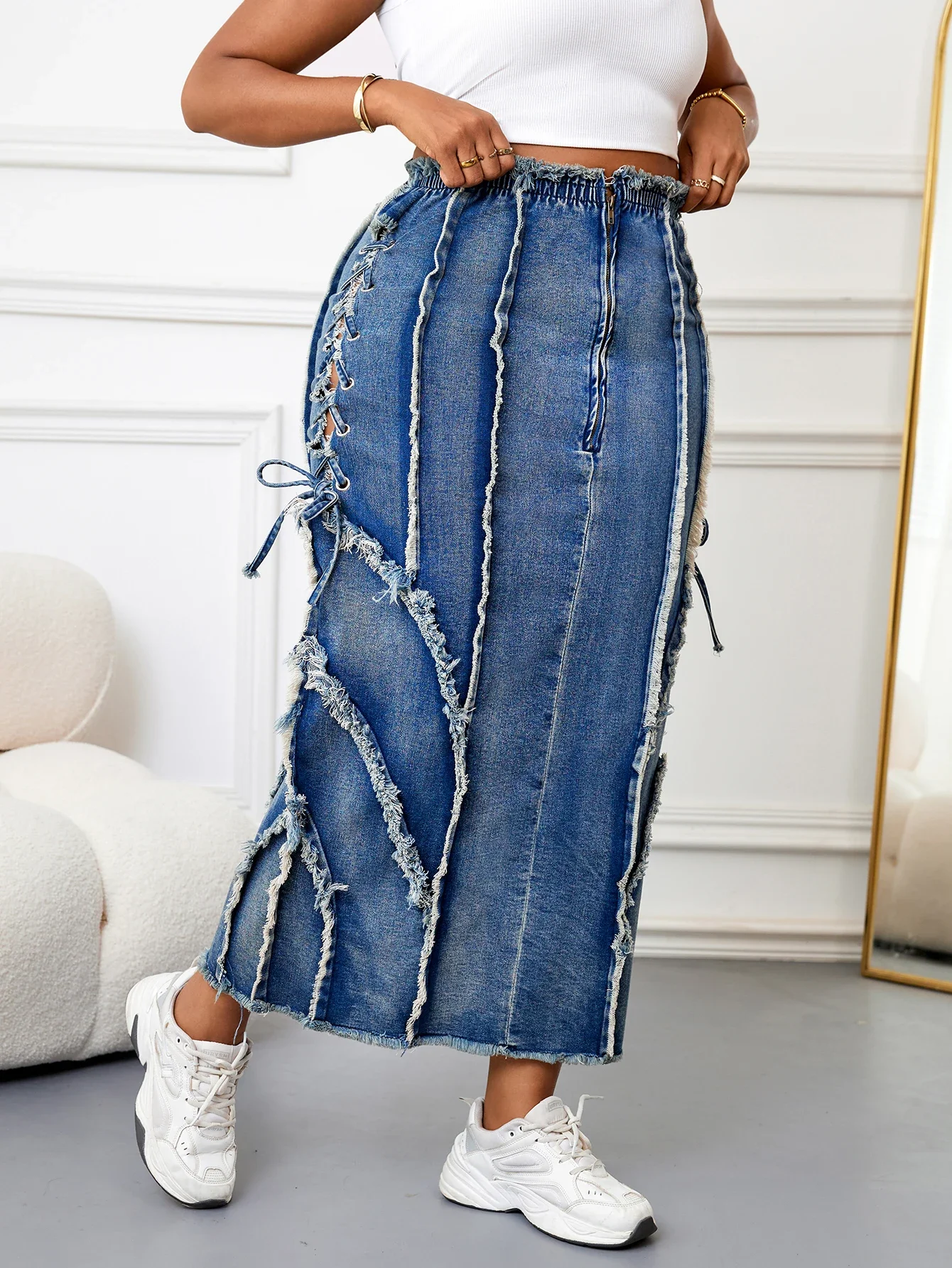 Rok Maxi Denim Fashion Wanita Desain Unik dengan Potongan Khusus Celana Jeans Kasual untuk Dipakai Sehari-hari