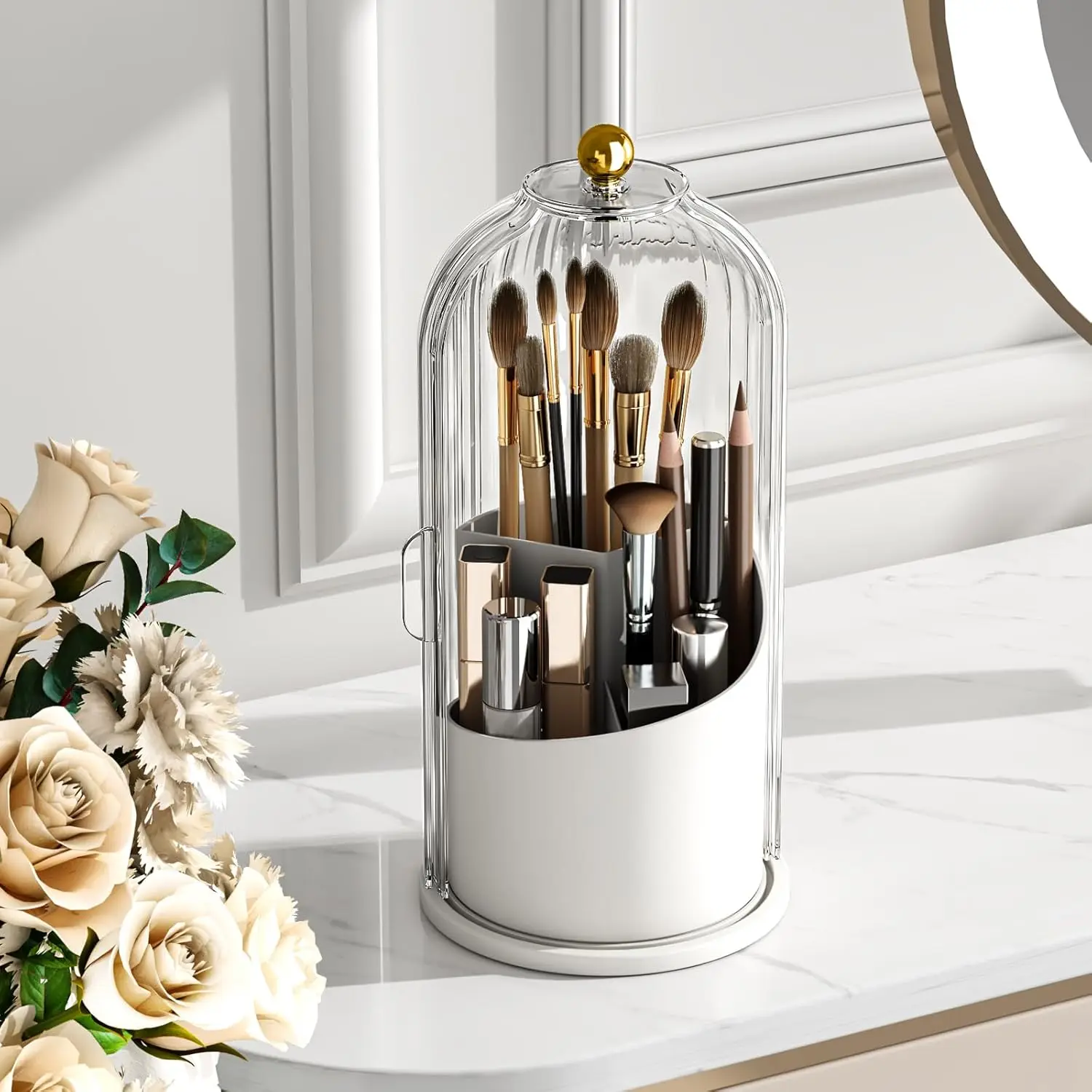 

360° Rotating Makeup Brush Holder With Lid Luxury Cosmetic Organizer Lipstick Eyebrow Pencil Holder Eye Shadow Storage Box