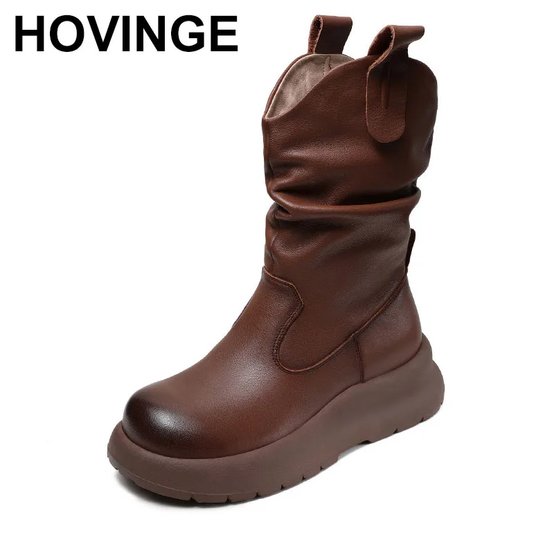 Модные женские осенне-зимние сапоги до середины икры с круглым носком на молнии, плиссированные кожаные повседневные женские туфли на толстой подошве, черные, коричневые