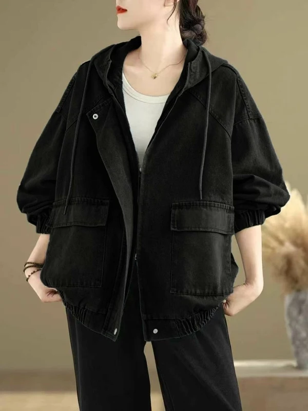 

Loose Fit Lazy Sle Women's Denim irt Jaet plus Size Slimming Outerwear Casual Long Sve Zipper Closure Hoodie Top