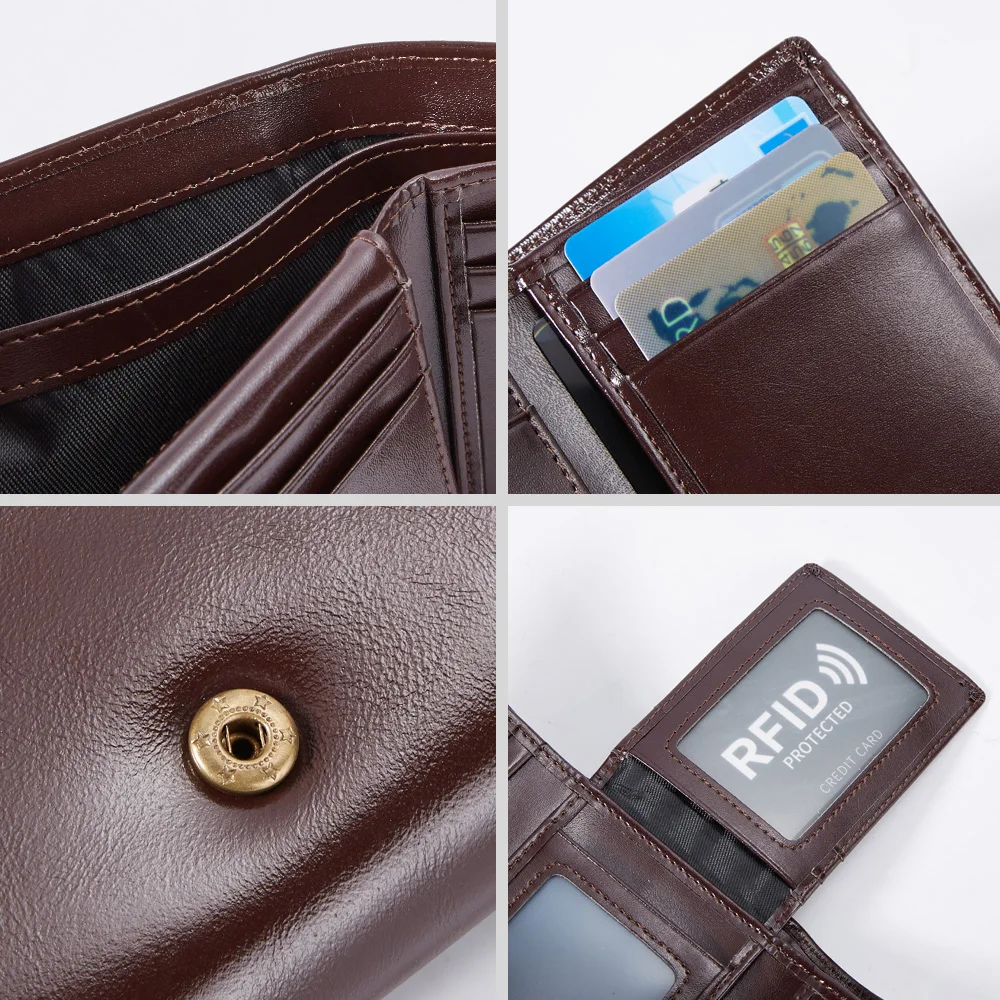دانتي ريترو طبقة رأس من الشمع الزيتي محفظة رجالية من جلد البقر بطاقة مضادة للسرقة الضرب ثلاثة أضعاف أوراق فضفاضة سعة كبيرة فتحة بطاقة متعددة