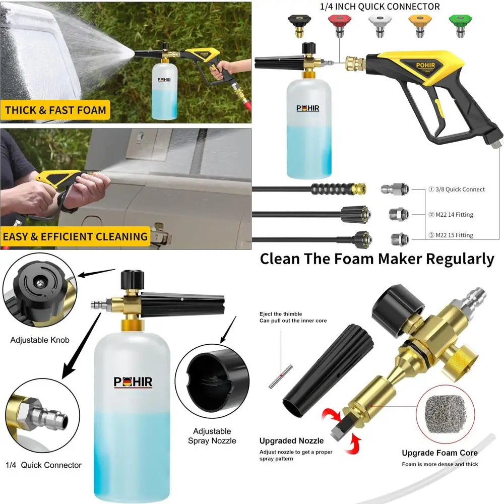 

POHIR Short Pressure Washer Gun with Foam Cannon, 1/4 Inch Quick Connector, with 5 Pressure Washer Nozzle Tips 4500 PSI, 1 Liter