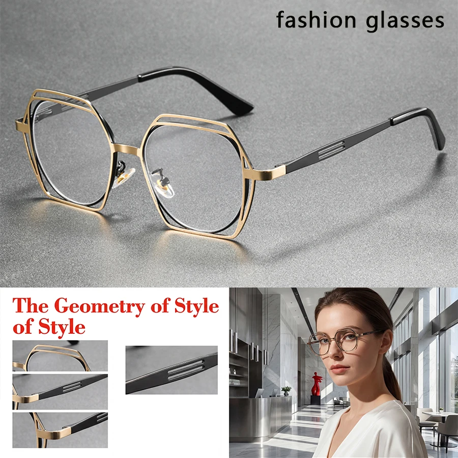 

New fashionable metal polygon glasses with transparent lenses and cool slingshot leg design, suitable for daily wear, concerts,
