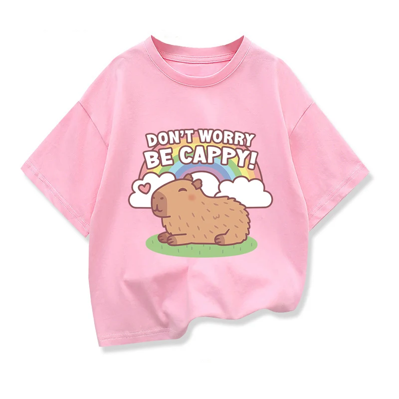 Girls Cotton T-shirt Capybara Kids Clothing Tees Summer Printed Cartoon Short Sleeve T-shirt Children Basic Loose O-neck Tops