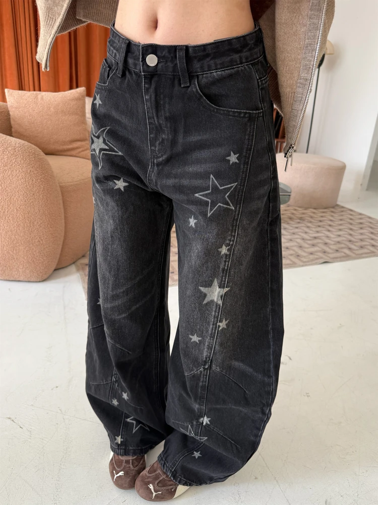 

Американские винтажные широкие джинсы со звездным принтом, повседневные свободные брюки-ножи, хлопковые брюки с застежкой на талии и пуговицами