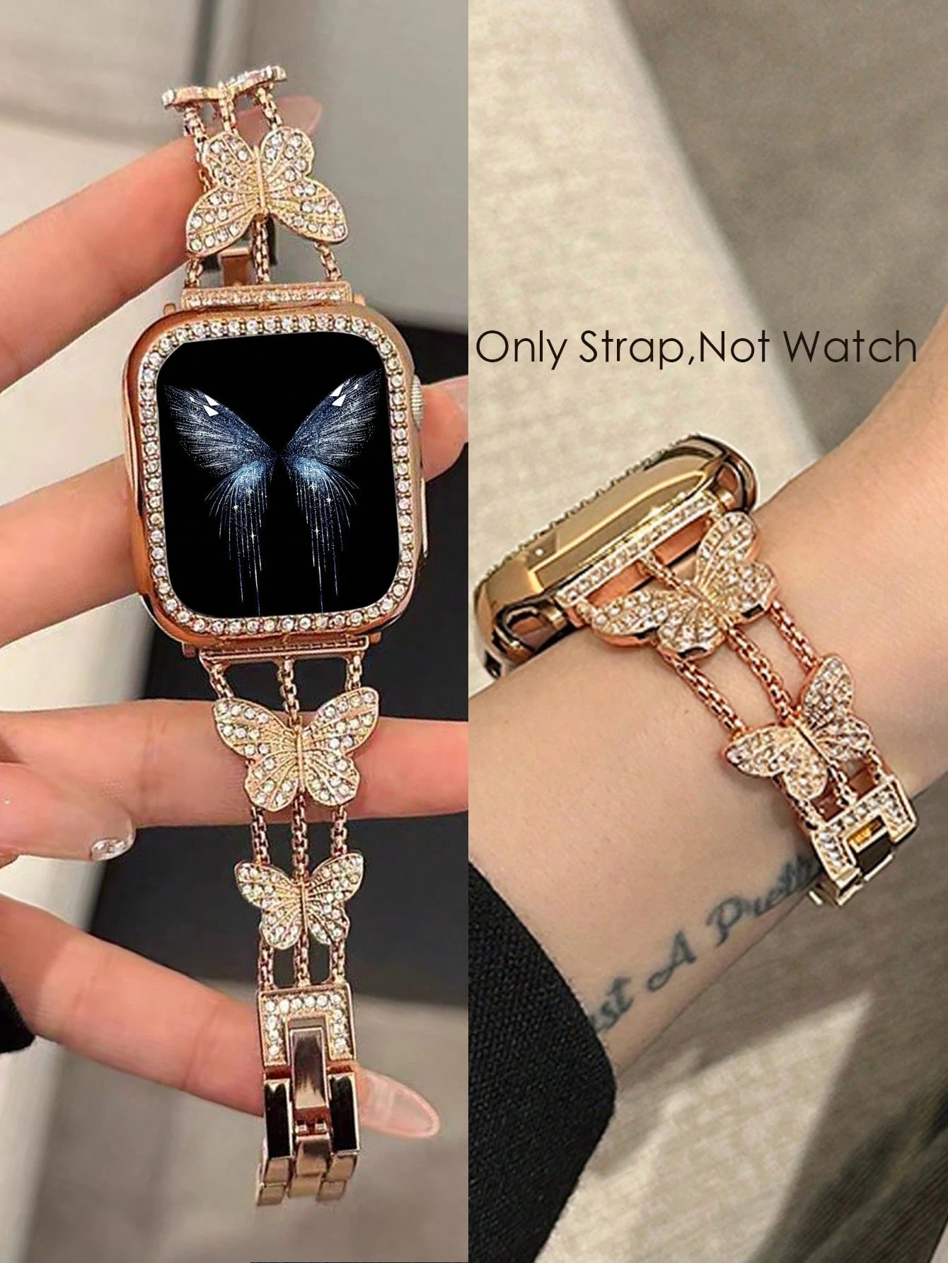 1 piece of jewelry sparkling diamond butterfly Apple Watch band, compatible with Apple Watch Series 9/8/7/6/5/4/3/2/1/SE/Ultra