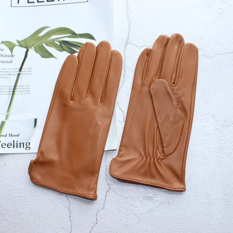 Guantes de conducción de piel de oveja para hombre, guantes finos de un solo cuero sin forro con pantalla táctil, guantes de motocicleta ondulados a