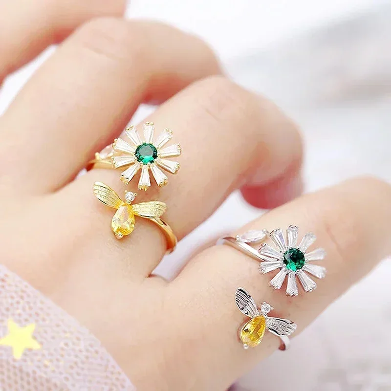 2026 Cute Flower and Honey Bee Opening Rings for Women Silver Color/Gold Color Colored Cubic Zirconia Fashionable Girl Jewelry