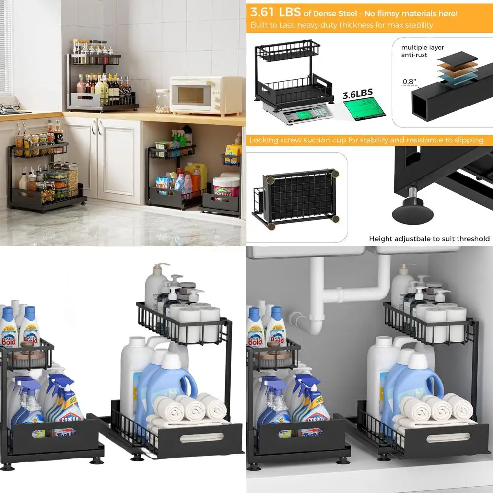 

Двухуровневый прочный металлический выдвижной органайзер для кухни и ванной комнаты с регулируемой высотой, 2 шт., черный