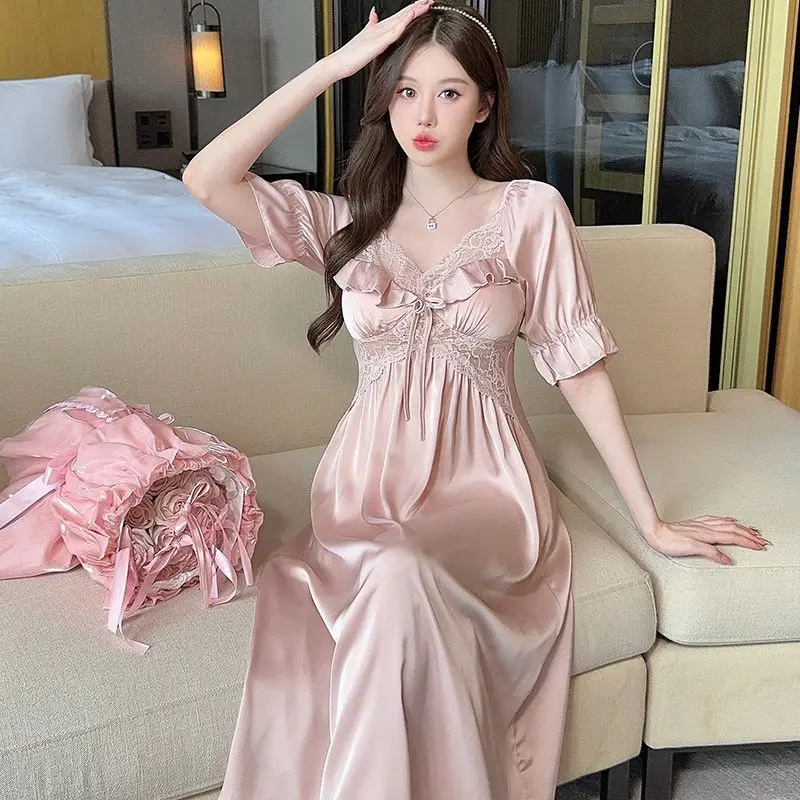 

Summer Short Sleeve Sexy Lace V-neck Silk Satin Long Nightgowns For Women Cute Sleepwear Night Dress Nightdress Home Nighty