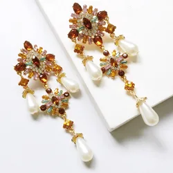 Vintage Jewelry Renaissance Wedding Pageant Party Long Luxury Acrylic Pearl Crystal Rhinestone Chandelier Earrings for Women