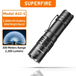 SUPERFIRE A22-S LED Flashlight Tactical 2300lm Powerful 26650 USB C Rechargeable Zoomable Torch 36W with Gear Memory Function