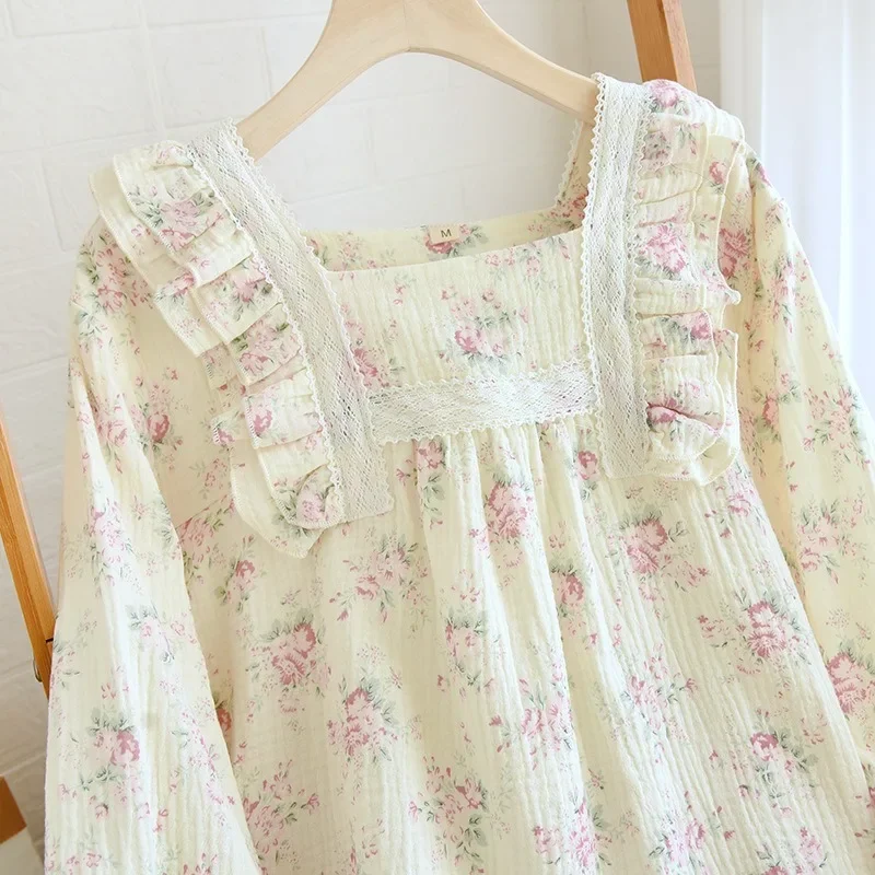 Spring Autumn Women\'s Nightgown Long Sleeve Pajamas Set Lovely Fresh Lace Floral Printed Home Clothes Loose Cotton Pajamas Set