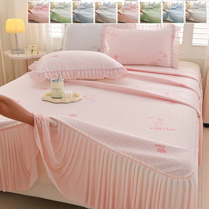

3pcs Summer Cooling Bed Skirt with Fiber Fabric Cooling Mat,Luxurious European-Style Printed Non-Slip Bedding Mattress Protector