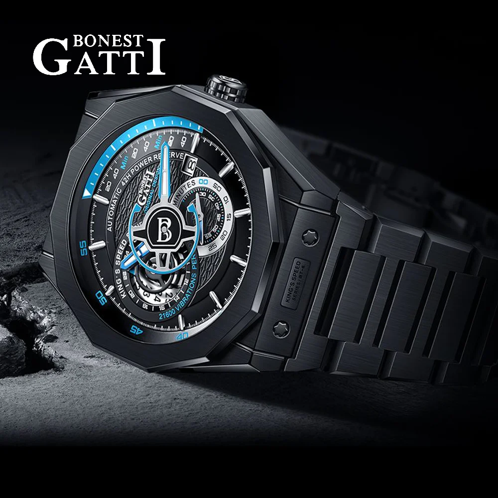 

BONEST GATTI Men Automatic Watch Mechanical Wristwatch 5ATM Waterproof Sapphire Luminous Skeleton Dial Racing Small Second Dial