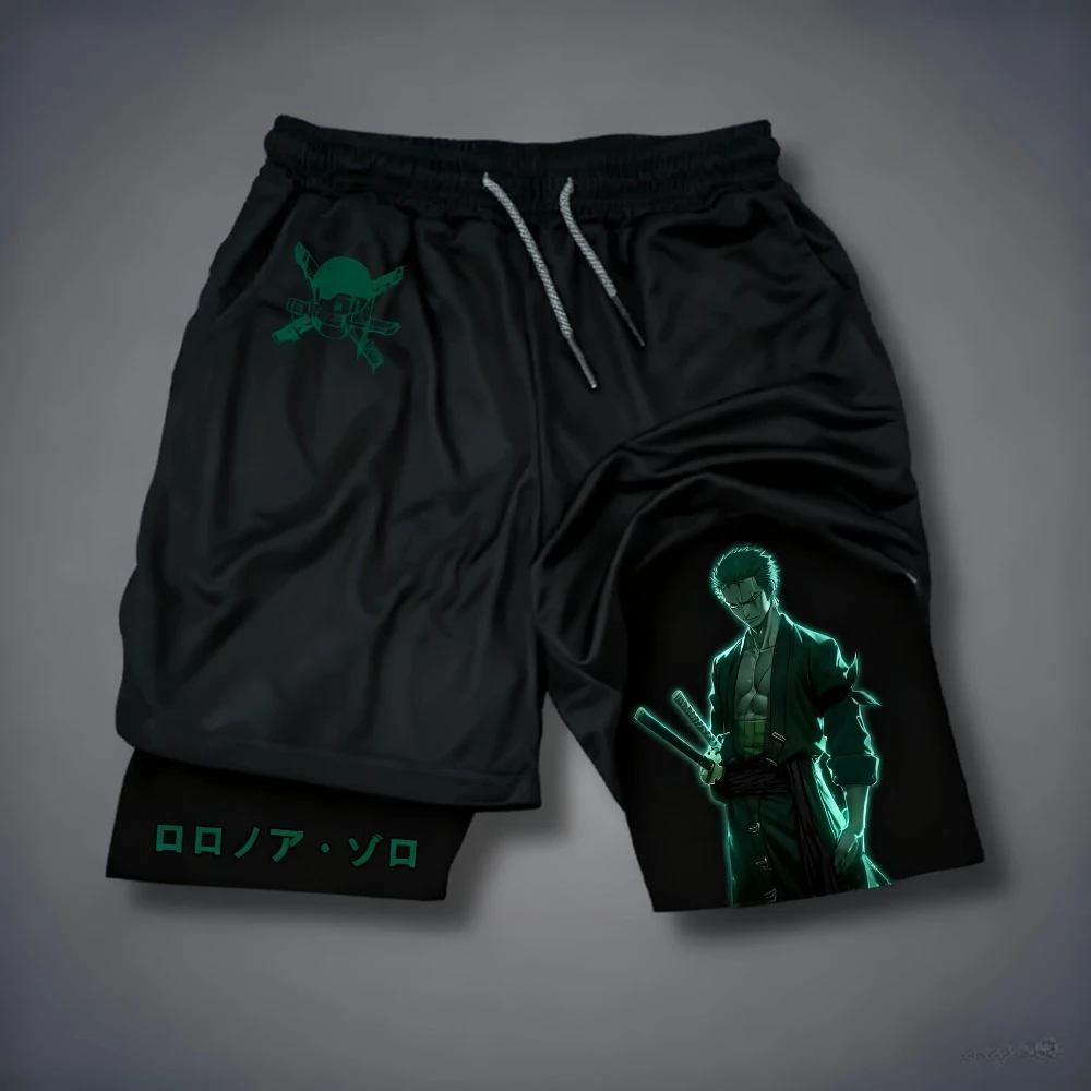 2025 جديد قطعة واحدة أنيمي لوفي وزورو تحت عنوان مطبوعة مزدوجة الطبقات السراويل ، الصيف الأمريكية الرجال الرياضة السراويل فضفاضة
