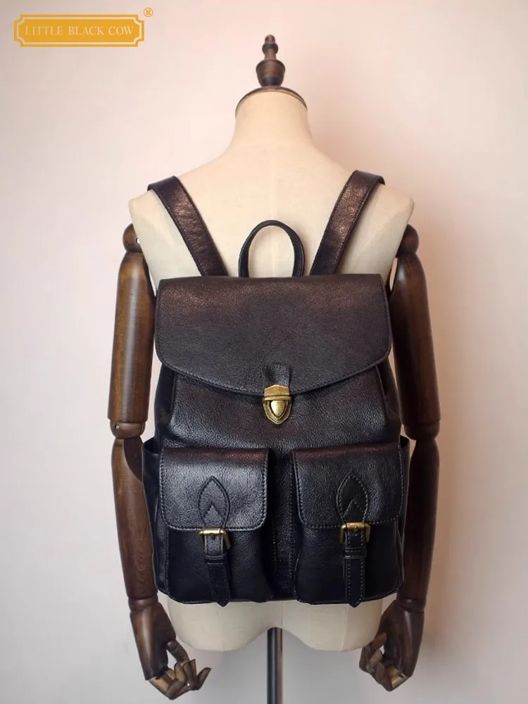 

Teenager Girls Satchel Schoolbag Cowhide Genuine Leather Backpack Women Multi Pockets Fashion Travel Bag Double Shoulder Bags