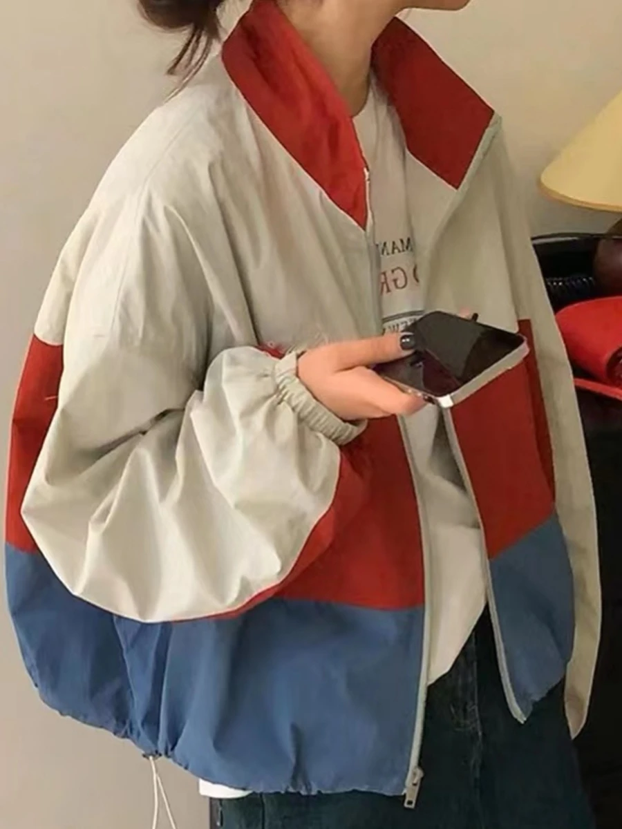 

Легкая женская летняя куртка с контрастными вставками и воротником-стойкой, свободного кроя, в европейском стиле, для защиты от солнца