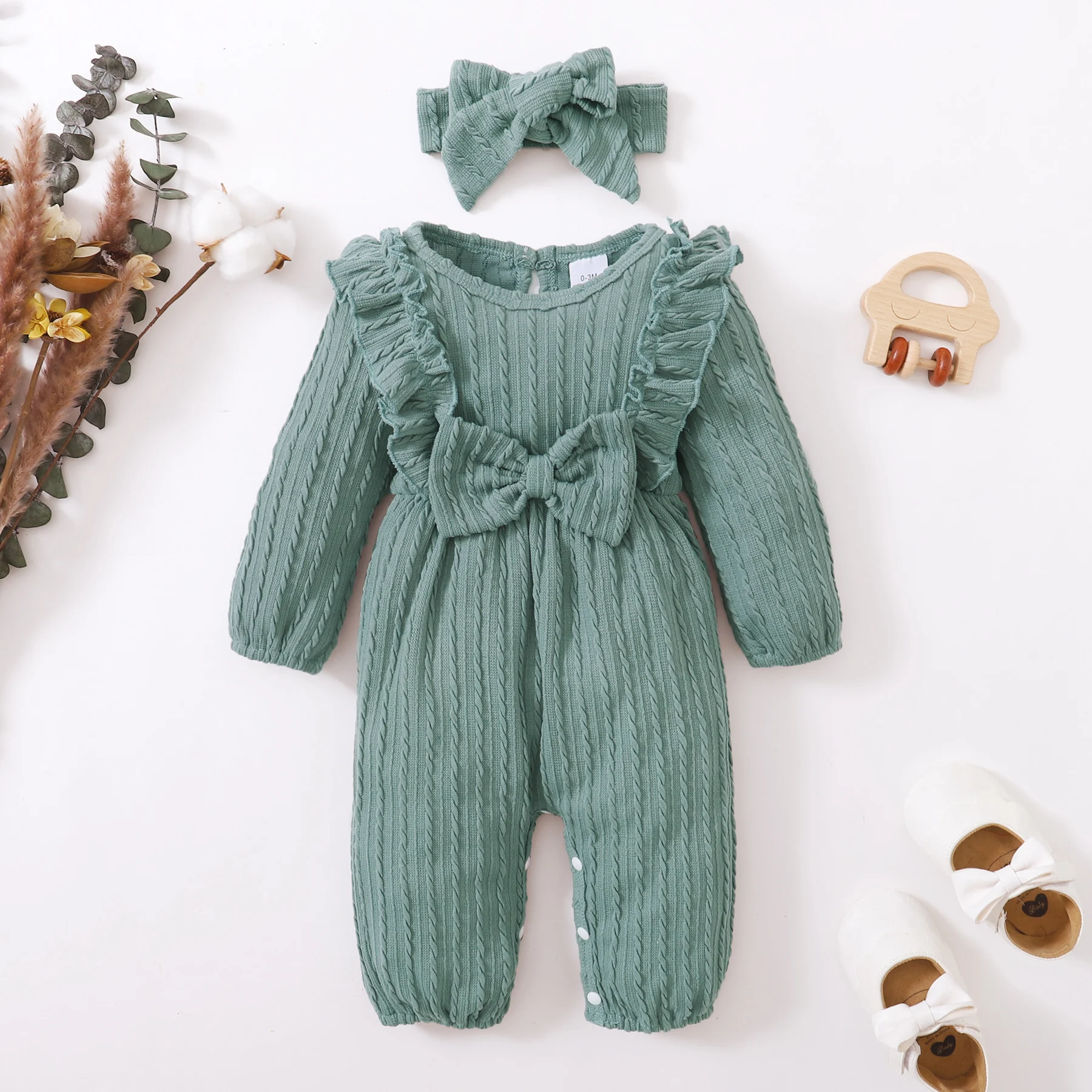 Newborn Bodysuit Round Neck Twisted Stripes Bowbaby+Headband Fashion 2Pcs/Set  0-18 Months Baby Girl Spring And autumn Jumpsuit