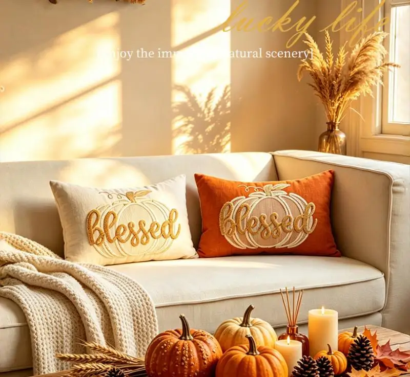 Herbst-Ernte Handtuchbestickter Kürbis-Kissenbezug Cojines Retro Unsichtbarer Reißverschluss Sofa Dekorative Kissenhüllen 30x50cm – Detail 3