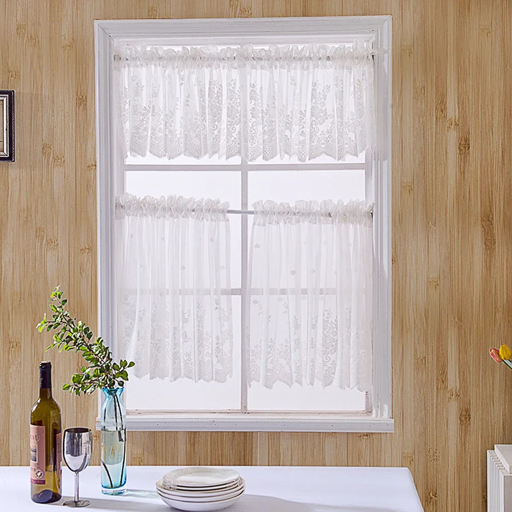 130*41cm White Lace Hem Roman Short Window Curtain for Coffee Kitchen Cabinet Home Decoration