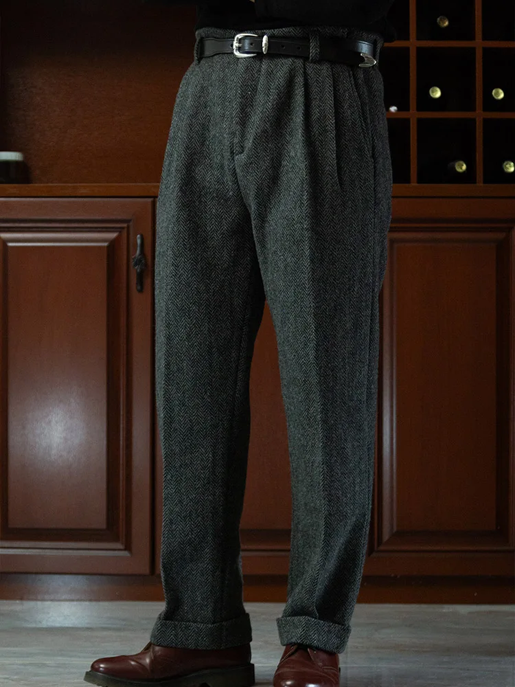 American retro Hollywood waist wool tweed casual pants Hollywood classic loose fitting straight leg pants