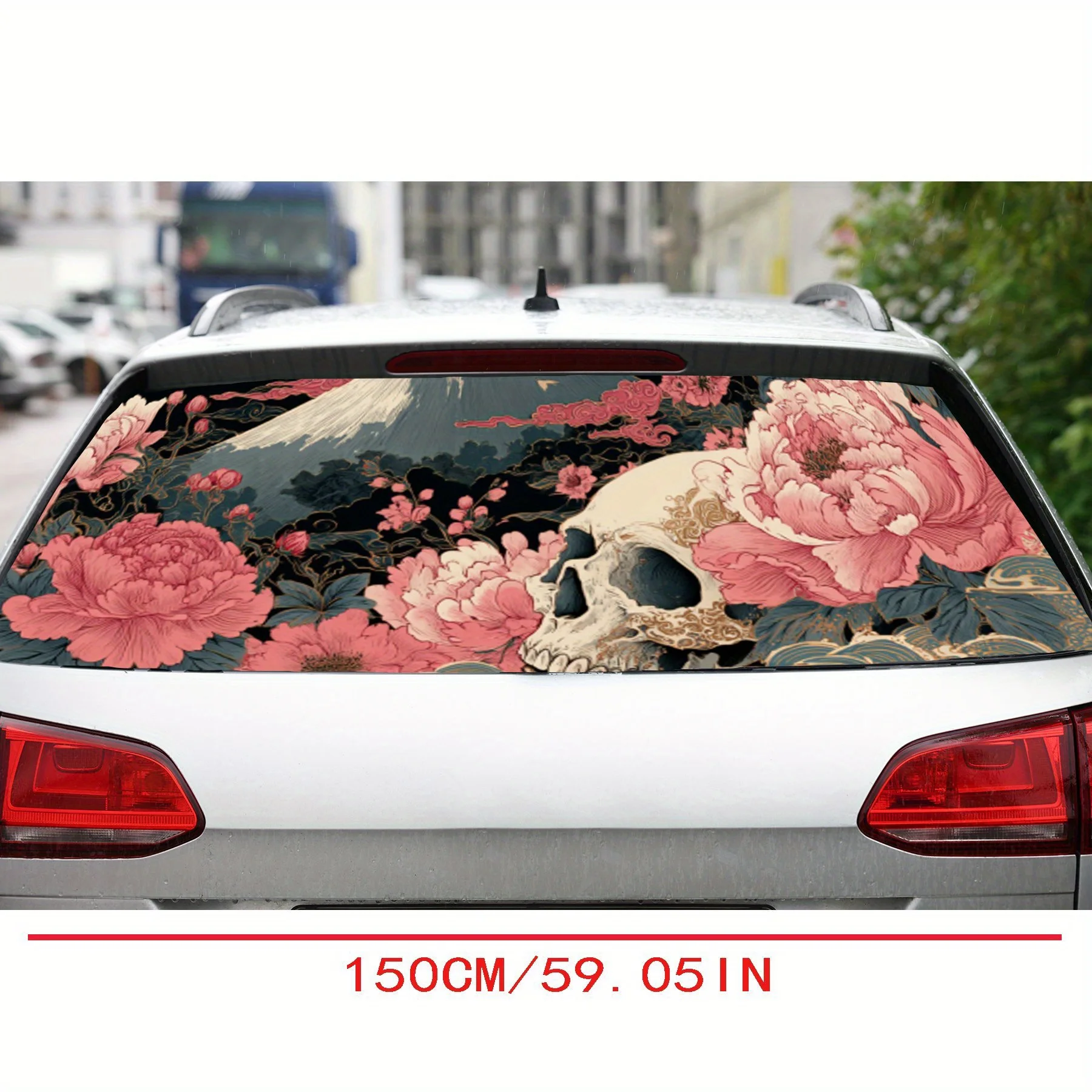 Bright peonies and eerie skeleton car rear window vinyl wraps sticker,auto art sticker,self-adhesive waterproof rear window deco