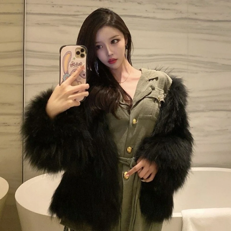 Winter Thick Faux Fur Women Y2K Streetwear V Neck Fluffy Warm Short Fur Jacket Female Elegant Faux Fox Fur Parkas JJ458