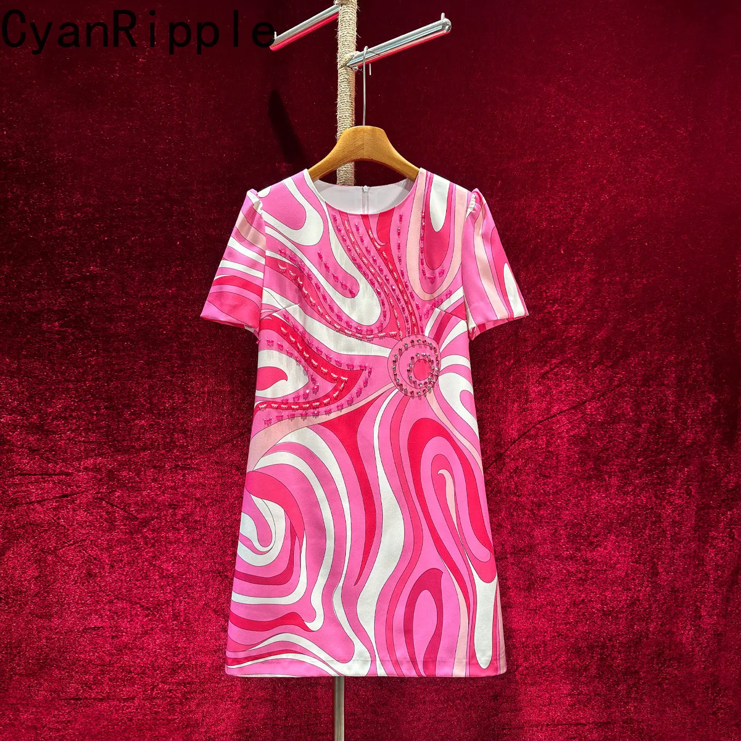 High Quality New Spring Summer Colorblock Luxury Beads Short Sleeve Women Dress Elegant O-neck Loose Waist Casual A-line Dress
