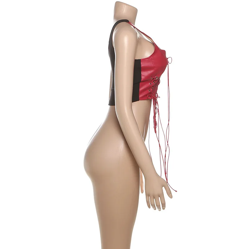 Sexy Lace-up Tank Top Women Y2K 2025 Fall Irregular Leather Patchwork Skinny Hottie Midnight Clubwear Wild Basic Street Vest