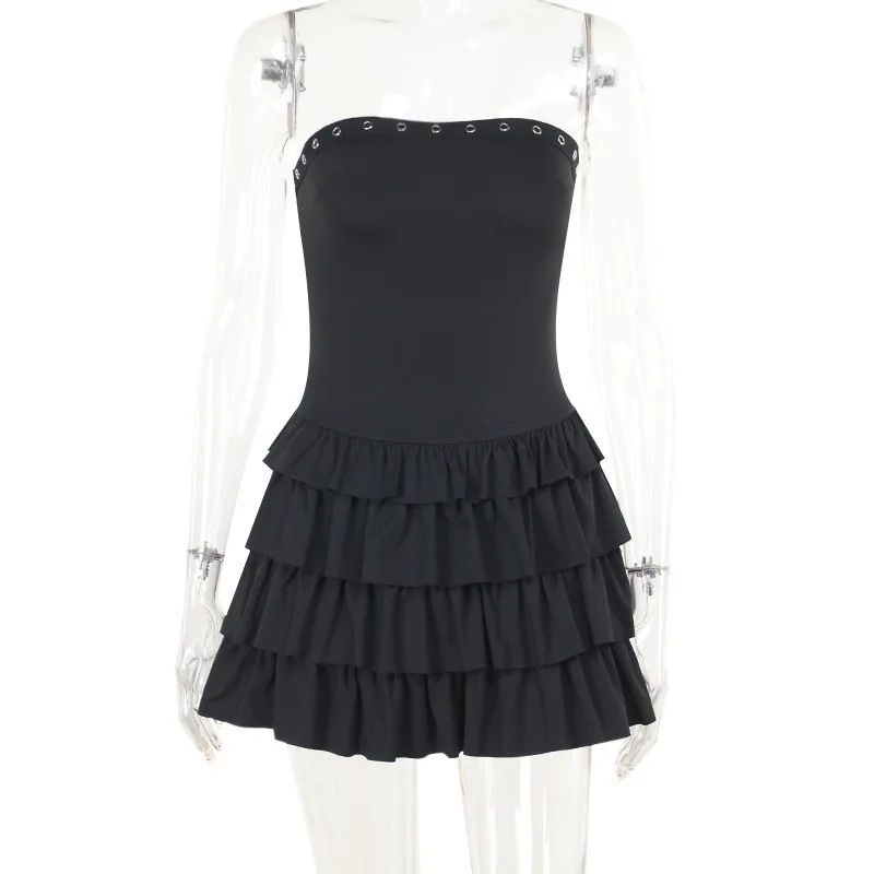 2024 Winter Neue Süße Frauen Mini Kleid Einfarbig Eine Schulter Huhn Auge Metall Loch Multi Schicht Lotus Blatt Spitze kleid